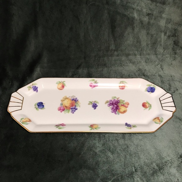 Lourlioux Le Faune Porcelain Serving Dish Long Rectangle Fruits Golden Trim - Picture 10 of 16